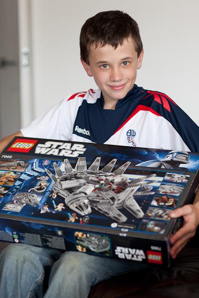Samuel with his Bolton Wanderers Jersey and new Star Wars Lego.