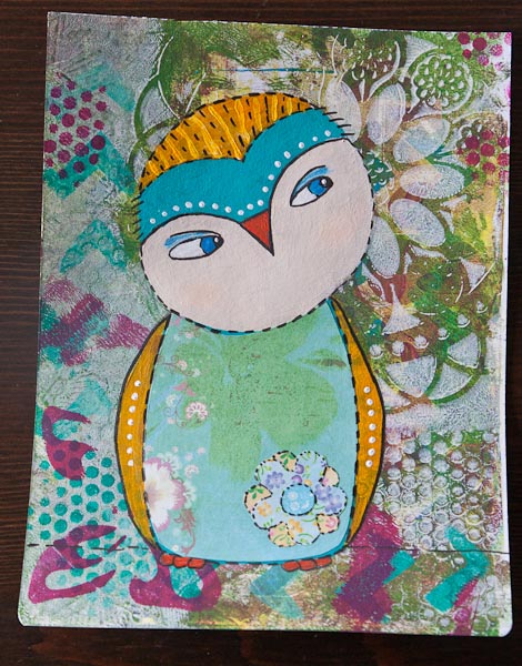 Painted owl on Gelli Plate background